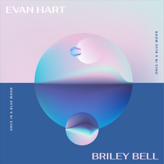 A graphic for the song "Once In A Blue Moon". It's an abstract image of circles overlayed on each other, which a clean cut of color where the top half of the image is mostly pink and the bottom half is mostly blue.