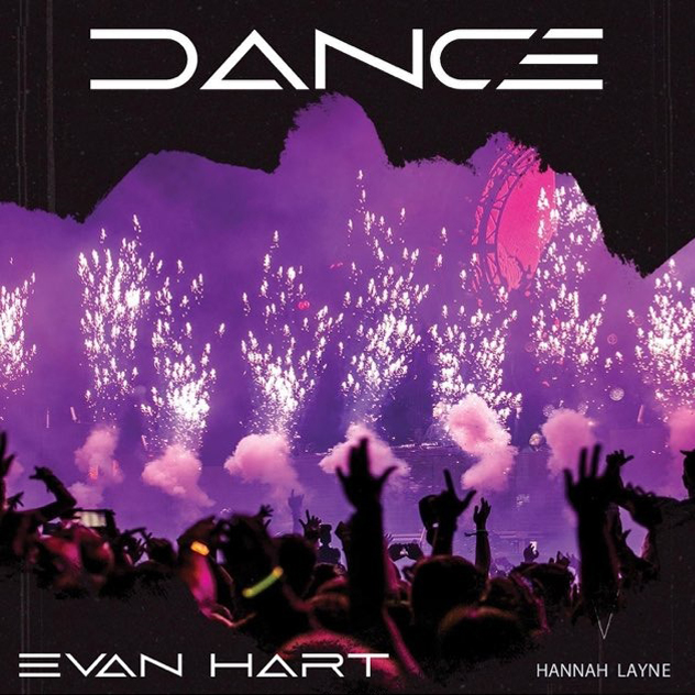 A graphic for the song "Dance". It's an abstract image of people dancing at a concert in the foreground, with fireworks on a stage behind them in the midground.