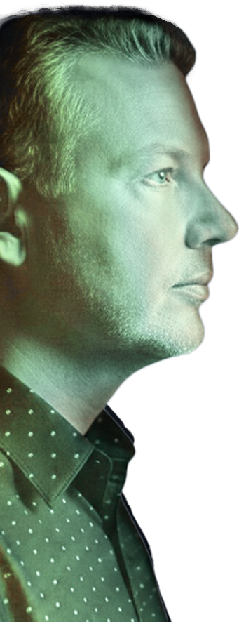The side profile of Evan Hart, edited to have a blue, green, and yellow overlay.